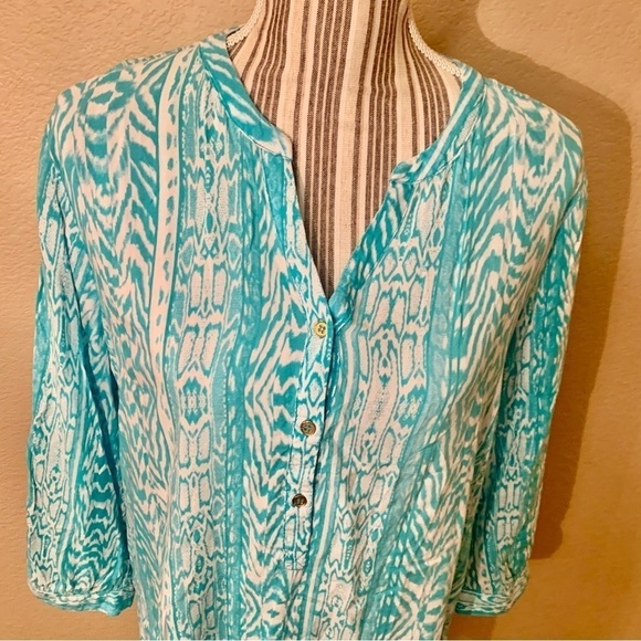 Grand & Greene Tunic Top Large Teal White 3/4 Length Sleeves 1/4 Button-Up Rayon - Picture 2 of 15